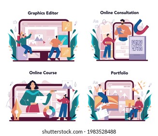 Advert designer online service or platform set. Artist creating an advertisment. Digital banner development. Online consultation, course, portfolio, graphic editor. Flat illustration vector