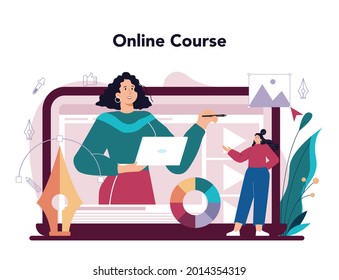 Advert designer online service or platform. Artist creating an advertisment. Digital banner development. Online course. Flat illustration vector