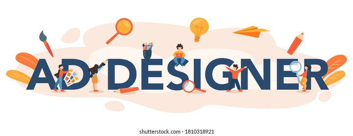 Advert designer typographic header. Artist creating modern advertisment. Digital or classic drawing. Creativity concept. Flat illustration vector