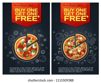 Advert fastfood flyer with pizza icon on chalkboard background vertical format. Cartoon vector illustration