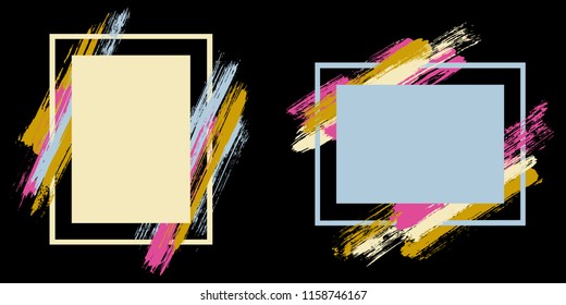 Advert frames with paint brush strokes vector collection. Box borders with painted brushstrokes on black. Educational graphics design empty frame templates for banners, flyers, posters, cards.