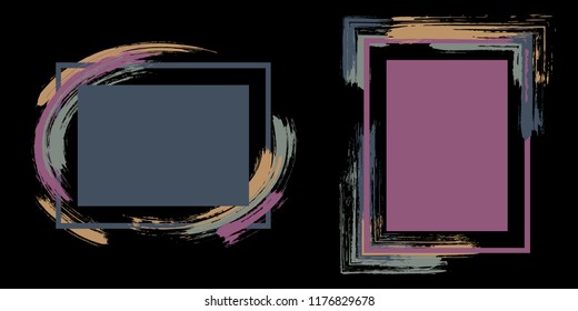 Advert frames with paint brush strokes vector set. Box borders with painted brushstrokes on black. Advertising graphics design empty frame templates for banners, flyers, posters, cards.