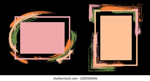 Advert frames with paint brush strokes vector collection. Box borders with painted brushstrokes on black. Educational graphics design flat frame templates for banners, flyers, posters, cards.