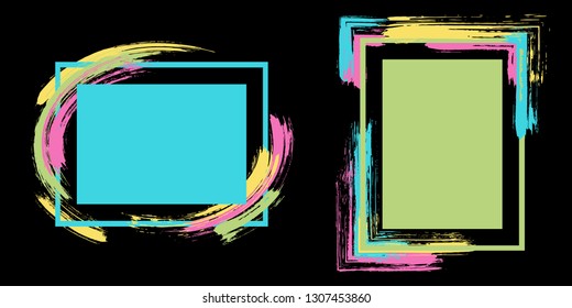 Advert frames with paint brush strokes vector set. Box borders with painted brushstrokes on black. Educational graphics design flat frame templates for banners, flyers, posters, cards.
