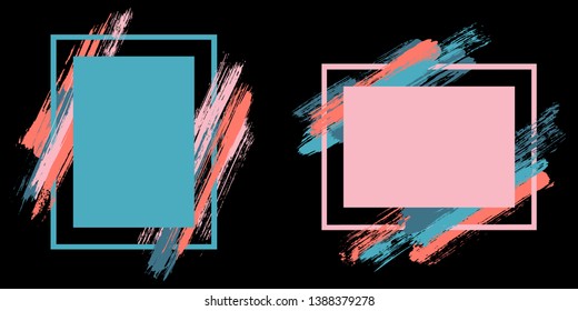 Advert frames with paint brush strokes vector collection. Box borders with painted brushstrokes on black. Educational graphics design empty frame templates for banners, flyers, posters, cards.
