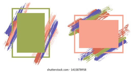 Advert frames with paint brush strokes vector set. Box borders with painted brushstrokes backgrounds. Advertising graphics design flat frame templates for banners, flyers, posters, cards.