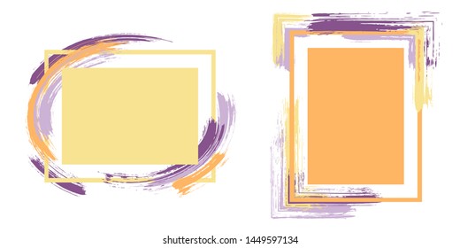 Advert frames with paint brush strokes vector set. Box borders with painted brushstrokes backgrounds. Educational graphics design flat frame templates for banners, flyers, posters, cards.