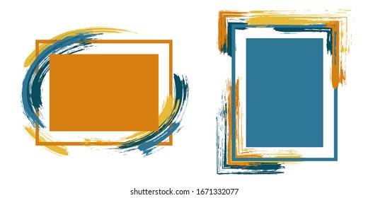 Werfen Sie Bilder mit Pinselstrichen Vektorillustration. Box Ränder mit gemalten Pinselstrichen Hintergründen. Bildgrafische Design-Flachbild-Vorlagen für Banner, Flyer, Poster, Karten.