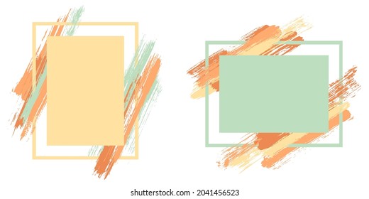 Advert frames with paint brush strokes vector set. Box borders with painted brushstrokes backgrounds. Advertising graphics design empty frame templates for banners, flyers, posters, cards.