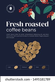 Advert poster for coffee roasters company. Heart shaped coffee beans. Infographic with degree of roast: light, medium, dark. Design for banner, placard, merchandising, layout, prints, flyer, booklet.