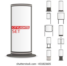 Advertise citylights set. 11 lightboxes mock up for your ad. Vector illustration