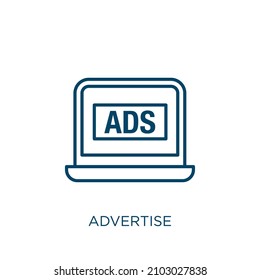 icono de publicidad. Icono de contorno lineal delgado aislado en fondo blanco. Signo de anuncios de vectores de línea, símbolo para web y móvil