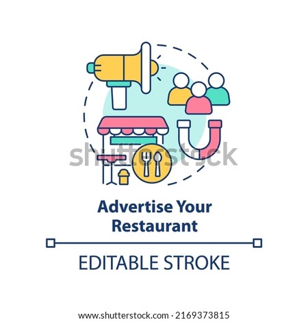 Advertise restaurant concept icon. Plan before opening foodservice establishment abstract idea thin line illustration. Isolated outline drawing. Editable stroke. Arial, Myriad Pro-Bold fonts used