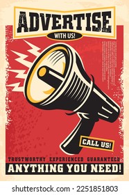 Advertise with us creative retro poster concept with megaphone graphic on red background. Marketing and advertising vector illustration.