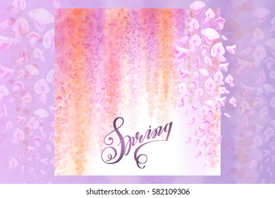 Advertisement about the spring background on defocused background with beautiful blooming wisteria. Vector illustration. Can be used for birthday, wedding, anniversary, save date, 8 march, woman's day