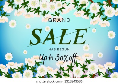 Advertisement about the spring sale on background with beautiful cherry blossom. Vector illustration