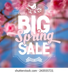 Advertisement about the spring sale on defocused background with beautiful cherry blossom. Vector illustration.