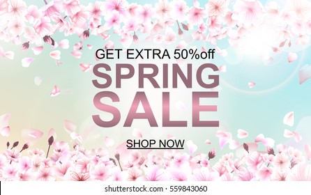 Advertisement about the spring sale on background with beautiful cherry blossom. Vector illustration.