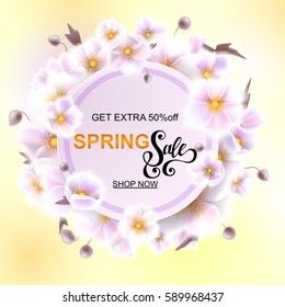 Advertisement about the spring sale on background with beautiful white flowers, Lettering, calligraphy. Round frame for text flower, delicate wreath. A seasonal discount. Vector illustration eps10.