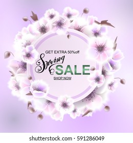 Advertisement about the spring sale on background with beautiful white flowers. Round frame for text flower, delicate wreath. Vector illustration eps10.