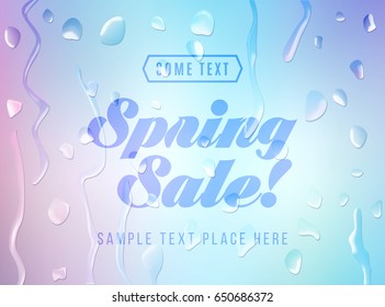 Advertisement about the spring sale on defocused background with water drops. Vector illustration