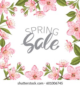 Advertisement about the spring sale.Frame of blooming Sakura flower on white background. Vector illustration.