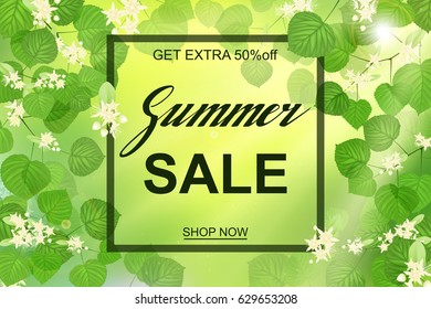 Advertisement about the summer sale, fresh green Linden leaves and flowers with sun rays