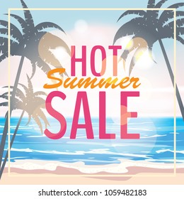 Advertisement about the summer sale on background with beautiful tropical sea beach view, palms. Vector illustration.