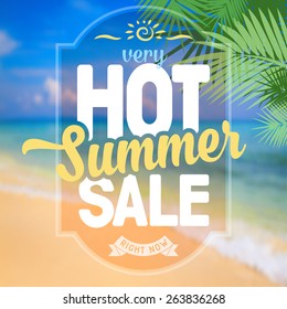 Advertisement about the summer sale on defocused background with beautiful tropical sea beach view. Vector illustration.