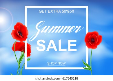 Advertisement about the summer sale on background with beautiful Poppy Flowers