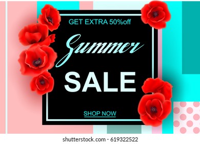 Advertisement about the summer sale on background with beautiful Poppy Flowers, Lettering, calligraphy. A seasonal discount. Vector illustration