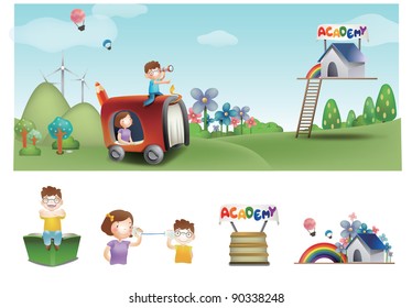 Advertisement for Academy School - traveling a cute son and happy mom look for successful campus life in joyful camping park on a background of beautiful blue sky and green grass : vector illustration