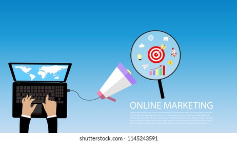 Advertisement ads web advertising digital marketing concept.  Megaphone from the laptop with cloud,Goal,Social,Money,Startup,Light bulb,Graph.  Vector creative illustration and Easy editable layered