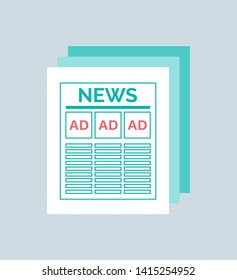 Advertisement and advertising of information vector, isolated icon of newspaper with ads. Broadcasting and promotion, print publication, news sectors
