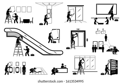 Advertisement agency putting up display advertisement for indoor marketing. Vector illustrations of stick figure man delivering poster, banner, and sticker to different places for marketing strategy. 