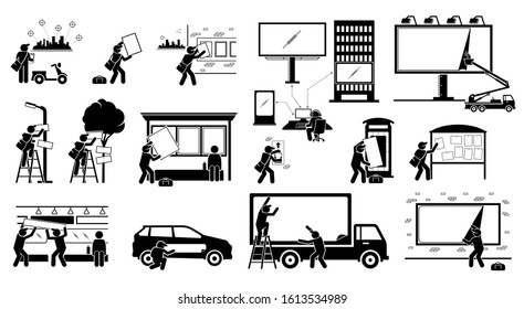 Advertisement agency putting up display advertisement for outdoor marketing. Vector illustrations of stick figure man delivering poster, banner, billboard to different places for marketing strategy. 