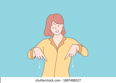 Advertisement, announcement and promotion concept. Young smiling woman cartoon character in pajamas standing and pointing fingers down with arrows down for attention vector illustration 