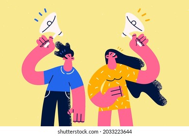 Advertisement, Announcement and promotion concept. Young woman and man cartoon characters standing speaking shouting with speaker over yellow background vector illustration 