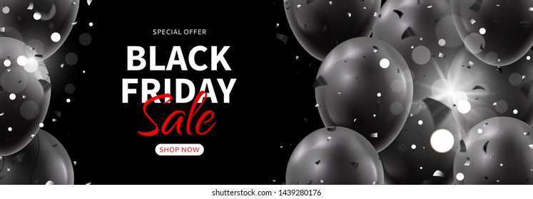 Advertisement banner for Black Friday sale. Realistic air black balloons with confetti on black background. Seasonal discount offer. Vector illustration.