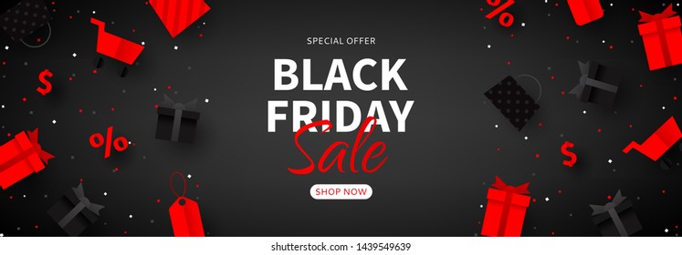 Advertisement banner for Black Friday sale. Web banner for seasonal discount offer. Realistic 3d paper packages, tags, gift boxes and shop baskets on black background. Vector illustration.