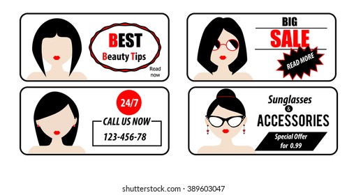 Advertisement, banners, business card design templates with woman faces for your business. Call center, web banners, shop and stores advertising design samples. Vector illustration