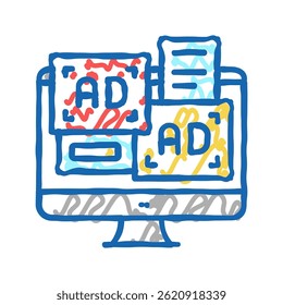 Anuncios publicitarios en la pantalla de la computadora Vector de boceto de icono de doodle. Anuncios publicitarios en la pantalla de la computadora