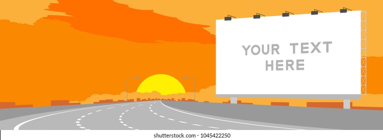 Advertisement Big Billboard Signage Highway or motorway bend in surise, sunset time illustration on orange sky background, with copy space