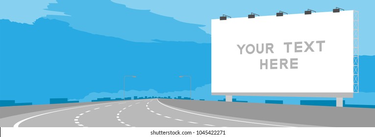 Advertisement Big Billboard Signage Highway or motorway bend in daytime illustration isolated on blue sky background, with copy space