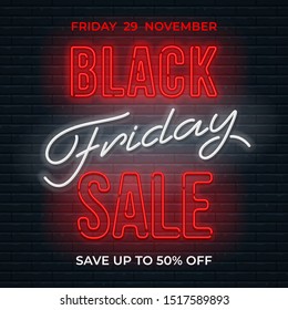 Advertisement of Black Friday Sale. Bright and enticing design with luminous neon letters on brick wall background. Ad offer discount on shopping day. Vector illustration.
