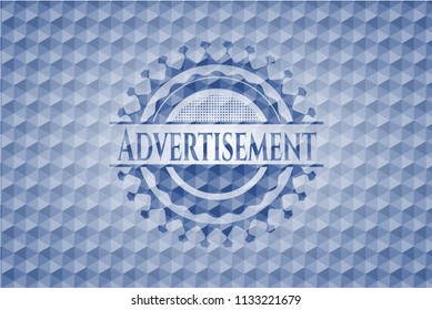 Advertisement blue badge with geometric pattern background.