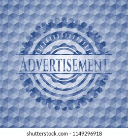 Advertisement blue emblem with geometric pattern background.