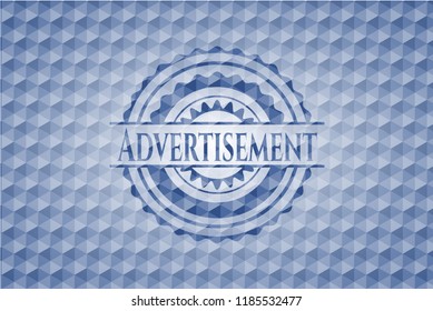 Advertisement blue hexagon emblem.