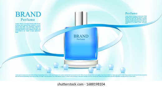 Publicidad de perfume azul con fondo de tela clara y cinta adhesiva