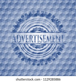 Advertisement blue polygonal emblem.